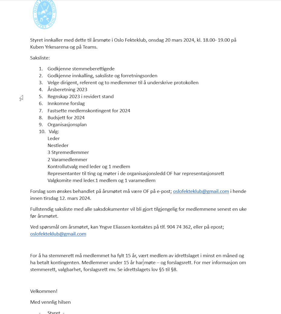 ÅRSMØTE 2024 - Onsdag 20 mars Kl. 18.00 - 19.00 på Kuben Yrkesarena og på Teams